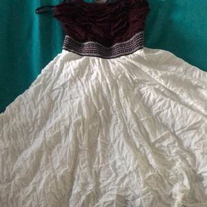 Strapless burgundy and white mini dress